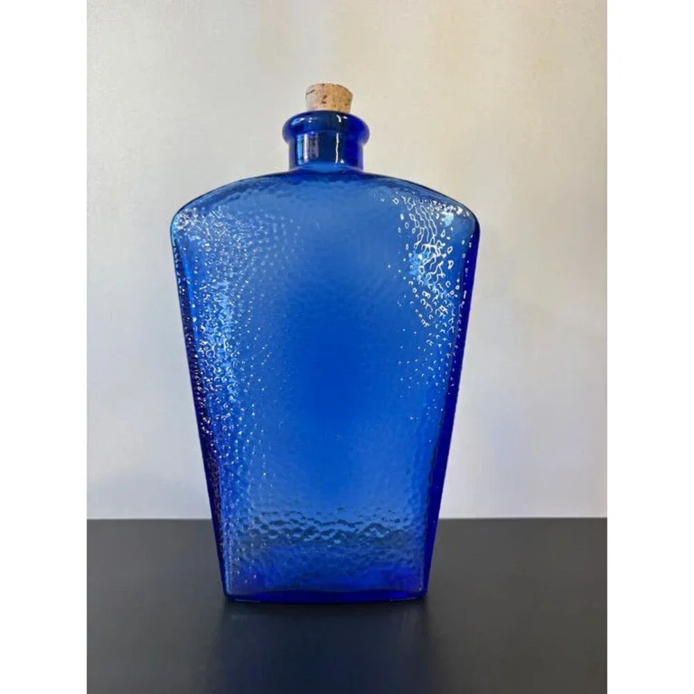 Libbey Cobalt Blue Glass Decanter Bottle Hammered Texture Cork Made in Canada